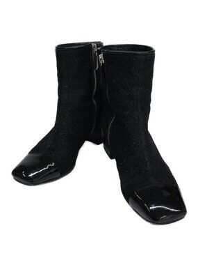 Chanel Square Toe Side Zip Chunky Heel Glitter Boots 37 1 2C